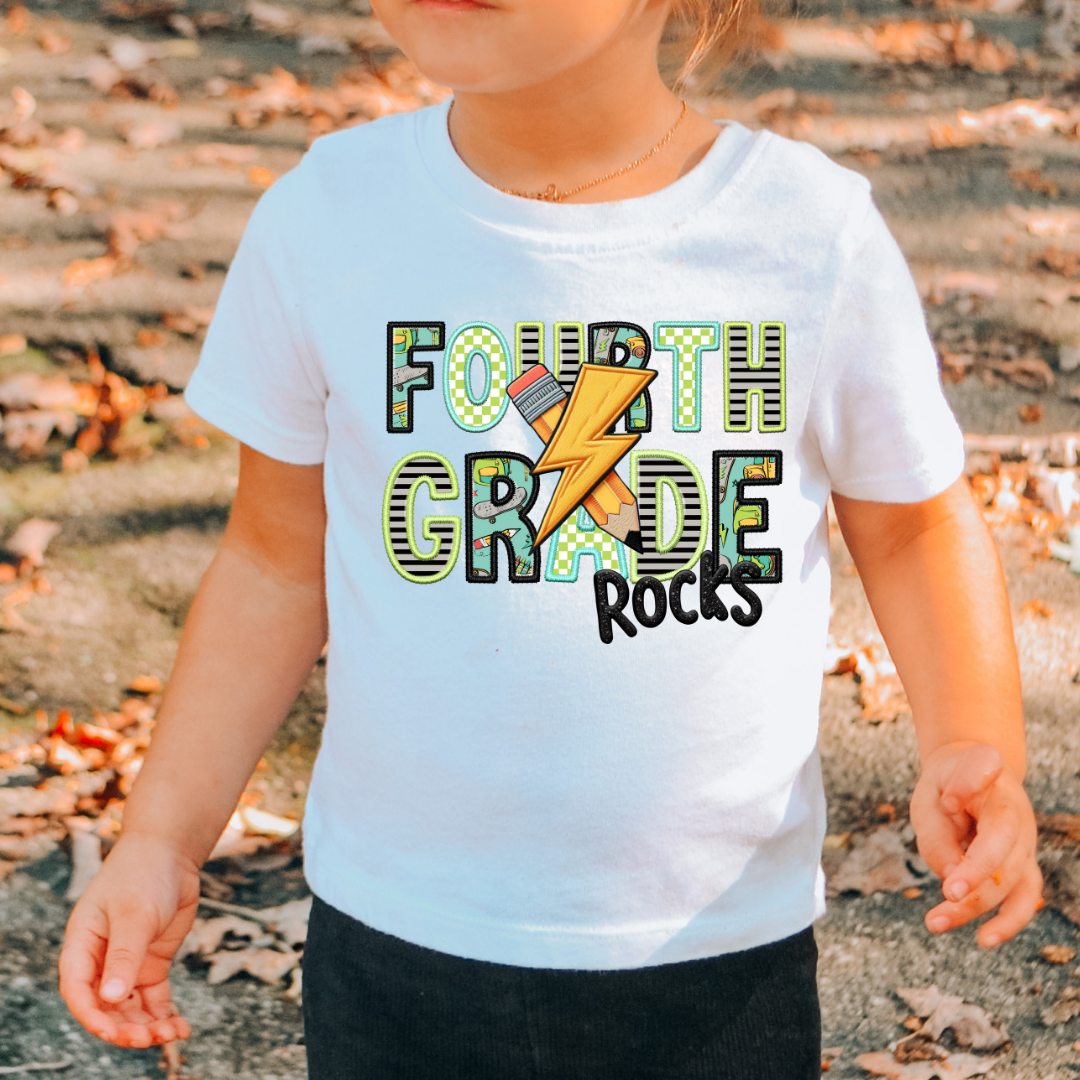 Fourth Grade Rocks Boy (Faux Embroidery) Grade Level DTF TRANSFER or UV DTF STICKER