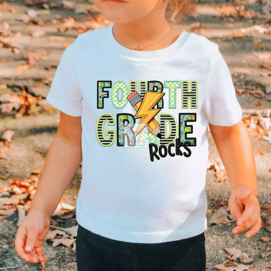 Fourth Grade Rocks Boy (Faux Embroidery) Grade Level 4th Grade DTF TRANSFER or UV DTF STICKER