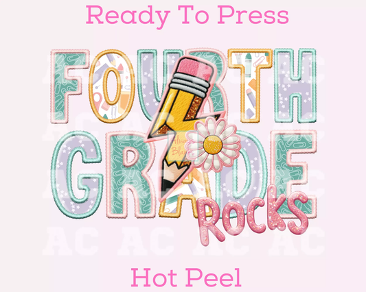 Fourth Grade Rocks Girl (Faux Embroidery) Grade Level 4th Grade DTF TRANSFER or UV DTF STICKER