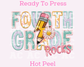 Fourth Grade Rocks Girl (Faux Embroidery) Grade Level DTF TRANSFER or UV DTF STICKER