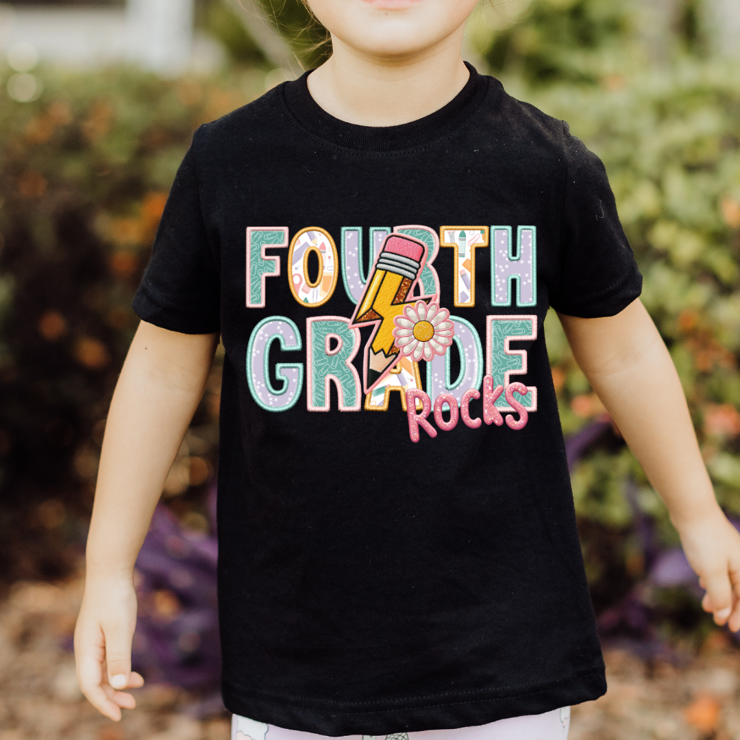 Fourth Grade Rocks Girl (Faux Embroidery) Grade Level DTF TRANSFER or UV DTF STICKER