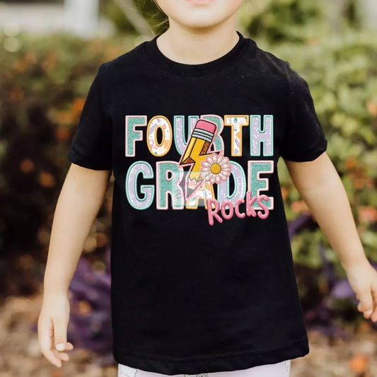 Fourth Grade Rocks Girl (Faux Embroidery) Grade Level 4th Grade DTF TRANSFER or UV DTF STICKER