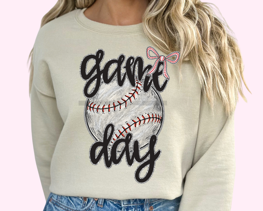 Game Day Baseball with Bow DTF TRANSFER or UV DTF STICKER