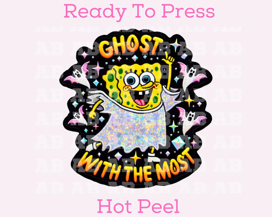 Faux Embroidery SpongeBob Ghost With The Most Halloween DTF TRANSFER