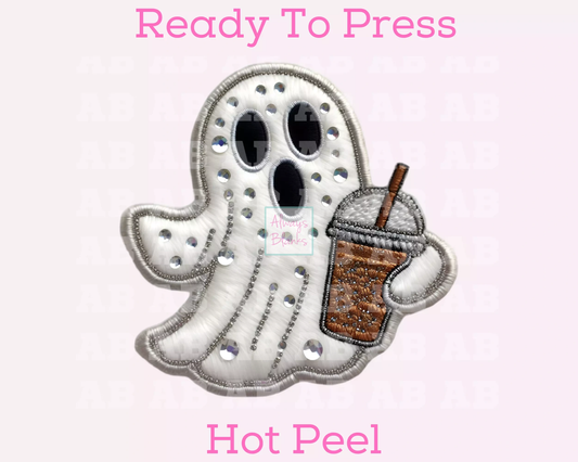 Coffee Ghost (Faux Embroidery) Halloween DTF TRANSFER or UV DTF STICKER DECAL
