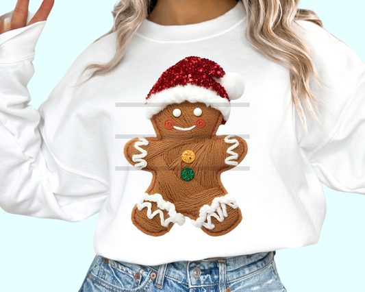 Faux Yarn Gingerbread with Santa Hat Christmas DTF TRANSFER
