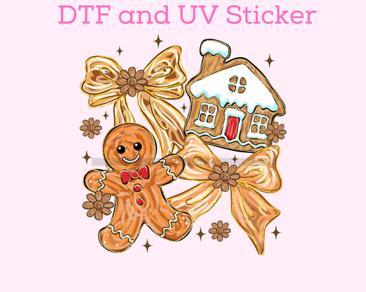 Gingerbread Bow Christmas DTF TRANSFER or UV DTF STICKER