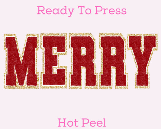 Red Chenille Merry DTF TRANSFER or UV DTF STICKER