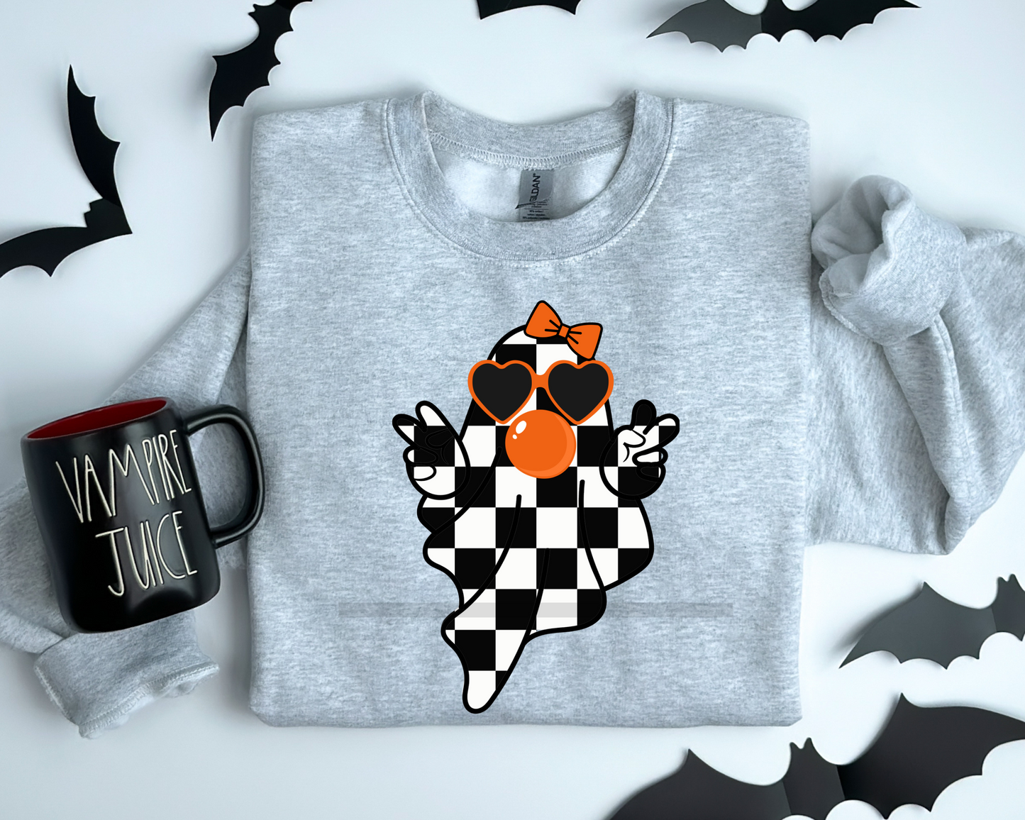 Black and White Checkered Girl Ghost Blowing Bubble Halloween DTF TRANSFER or UV DTF STICKER