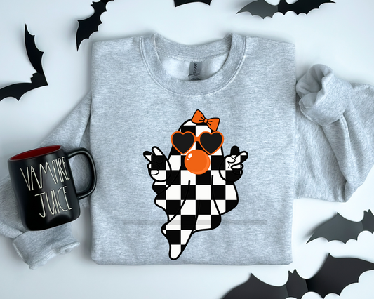 Black and White Checkered Girl Ghost Blowing Bubble Halloween DTF TRANSFER or UV DTF STICKER