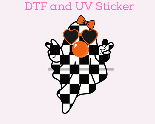 Black and White Checkered Girl Ghost Blowing Bubble Halloween DTF TRANSFER or UV DTF STICKER