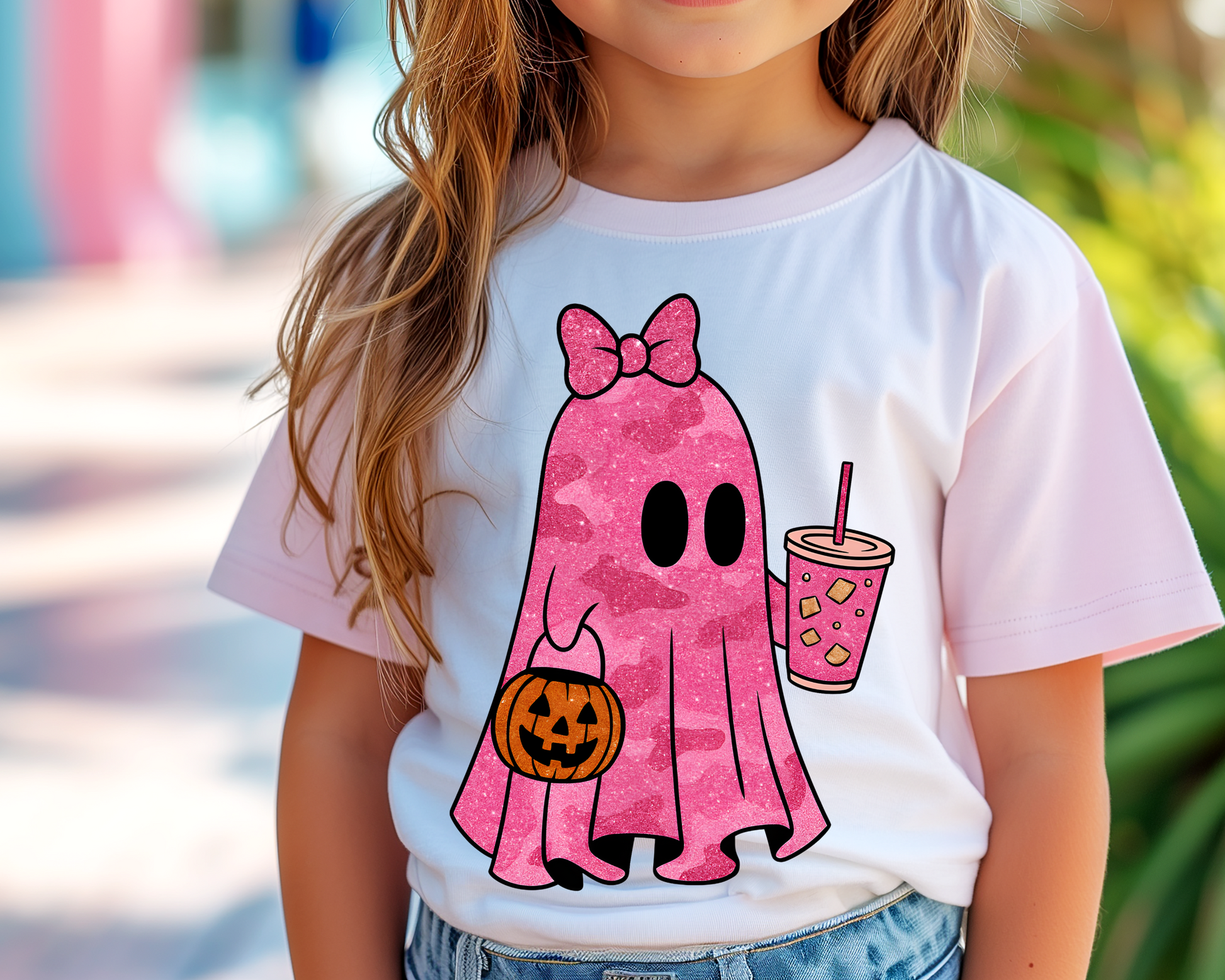 Girl Camo Ghost with Coffee Halloween DTF TRANSFER