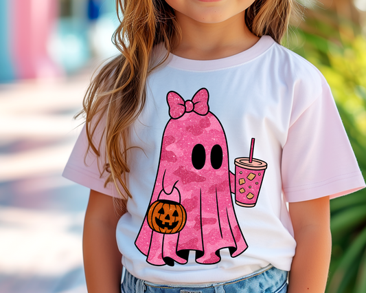 Girl Camo Ghost with Coffee Halloween DTF TRANSFER