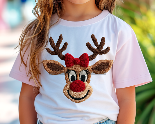 Faux Yarn Girl Reindeer with Bow Christmas DTF TRANSFER  or UV DTF STICKER