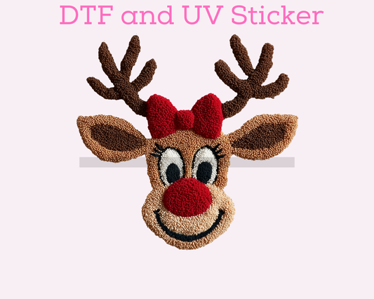 Faux Yarn Girl Reindeer with Bow Christmas DTF TRANSFER  or UV DTF STICKER