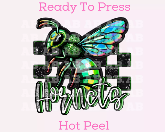 Checkered Green Hornets Faux Embroidery School Mascot DTF TRANSFER or UV DTF STICKER