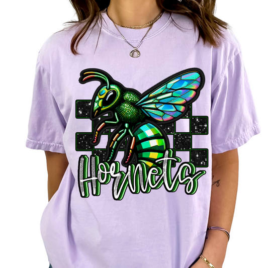 Checkered Green Hornets Faux Embroidery School Mascot DTF TRANSFER