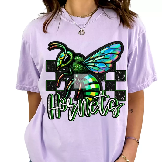 Checkered Green Hornets Faux Embroidery School Mascot DTF TRANSFER or UV DTF STICKER
