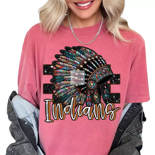 Checkered Indians Faux Embroidery School Mascot DTF TRANSFER or UV DTF STICKER