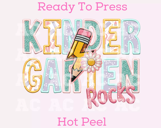 Kindergarten Rocks Girl (Faux Embroidery) Grade Level DTF TRANSFER or UV DTF STICKER