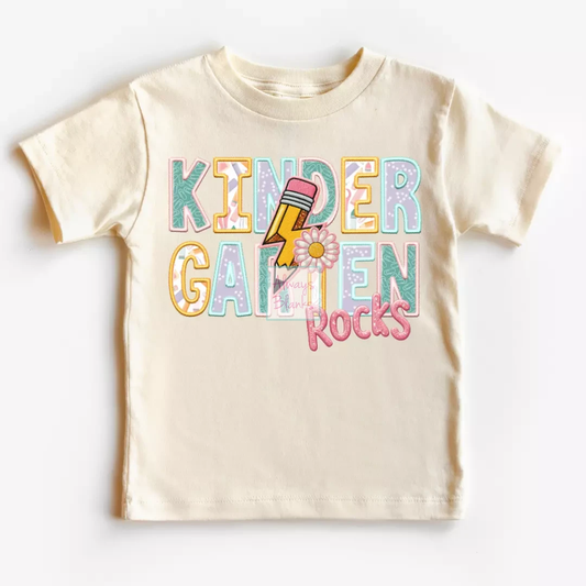 Kindergarten Rocks Girl (Faux Embroidery) Grade Level DTF TRANSFER or UV DTF STICKER