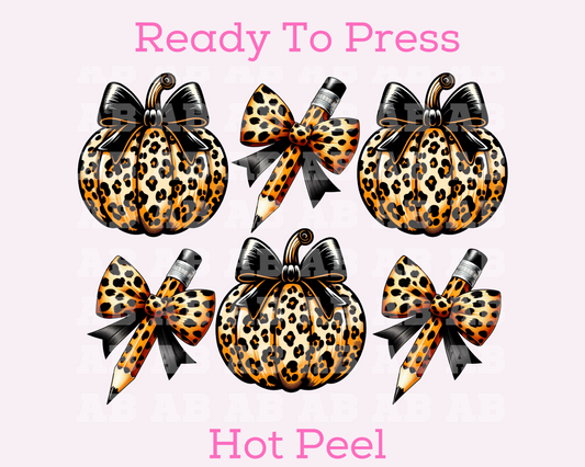 Leopard Pumpkins and Pencils With Bows School Fall DTF TRANSFER or UV DTF STICKER DECAL