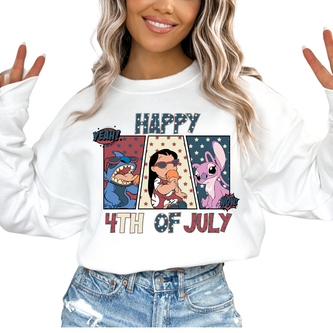 Retro Comic Lilo Stitch Happy 4th Of July Patriotic Disney DTF TRANSFER or UV DTF STICKER DECAL