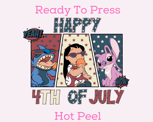 Retro Comic Lilo Stitch Happy 4th Of July Patriotic Disney DTF TRANSFER or UV DTF STICKER DECAL