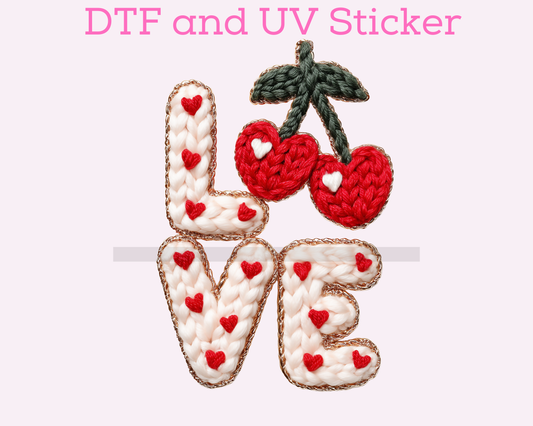 Faux Yarn Love Cherry Valentine's Day DTF TRANSFER or UV DTF STICKER