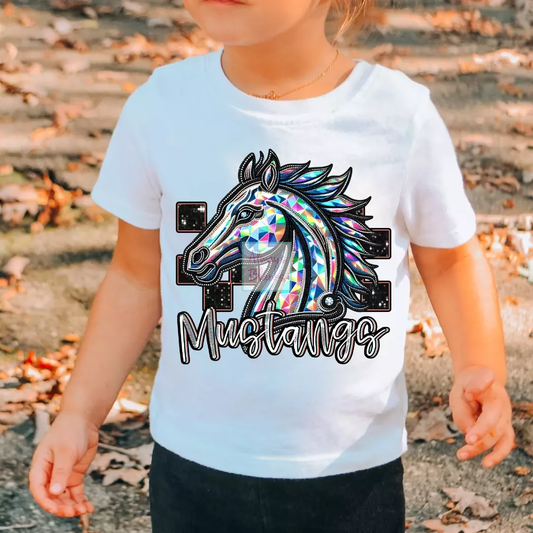 Checkered Mustangs Faux Embroidery School Mascot DTF TRANSFER or UV DTF STICKER