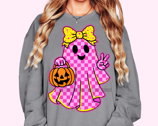 Girl Pink Checkered Ghost Halloween DTF TRANSFER