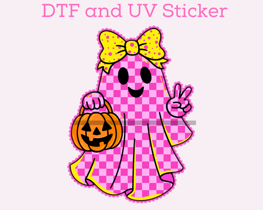 Girl Pink Checkered Ghost Halloween DTF TRANSFER