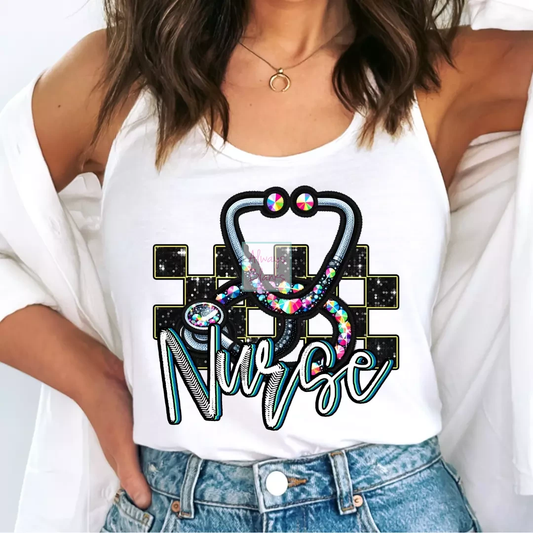 Checkered Nurse Faux Embroidery Nurse DTF TRANSFER