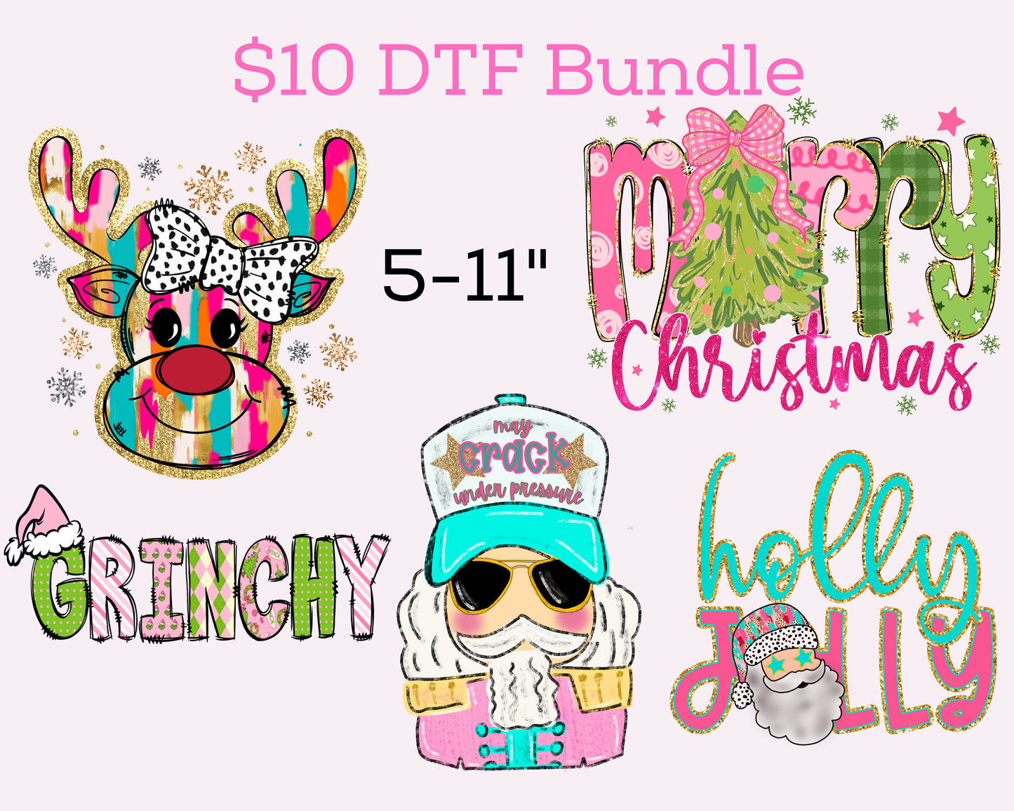 $10 Preppy Pink and Green Christmas DTF Transfer Bundle
