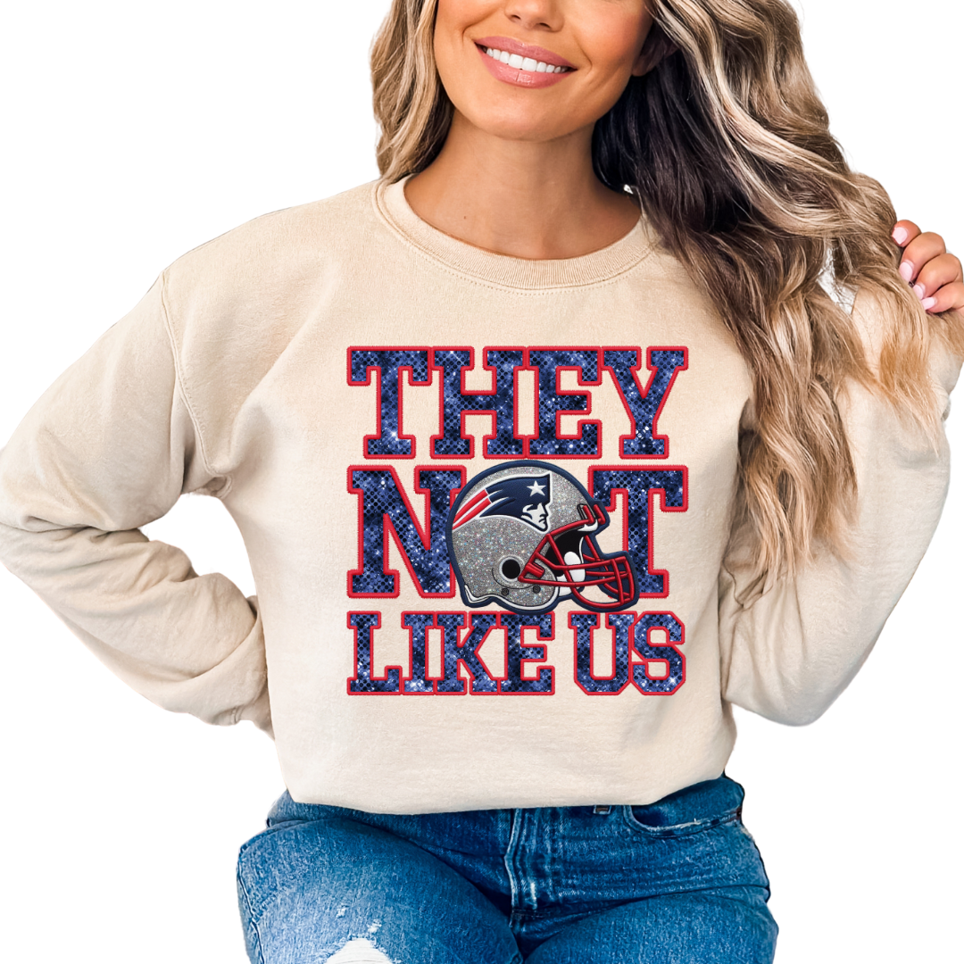 Patriots They Not Like Us (Faux Embroidery) (Faux Sequins) Football DTF TRANSFER