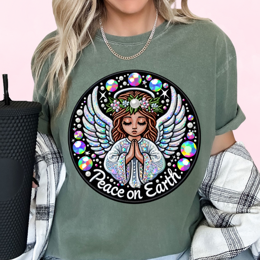 Faux Embroidery Peace On Earth Angel Christmas DTF TRANSFER  or UV DTF STICKER