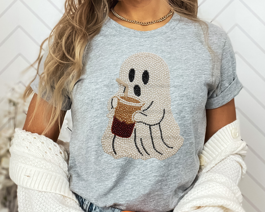 Faux Pearl Ghost with Coffee Halloween DTF TRANSFER