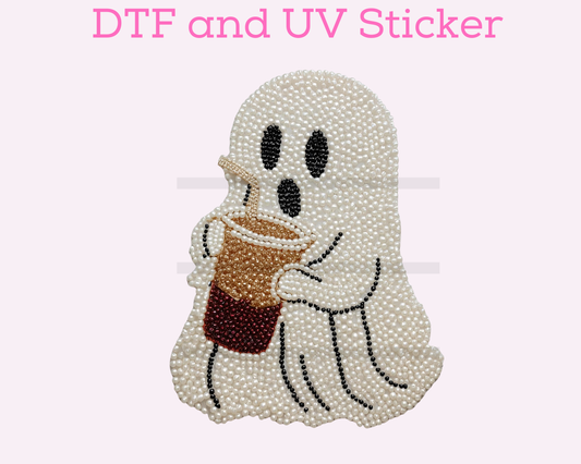 Faux Pearl Ghost with Coffee Halloween DTF TRANSFER