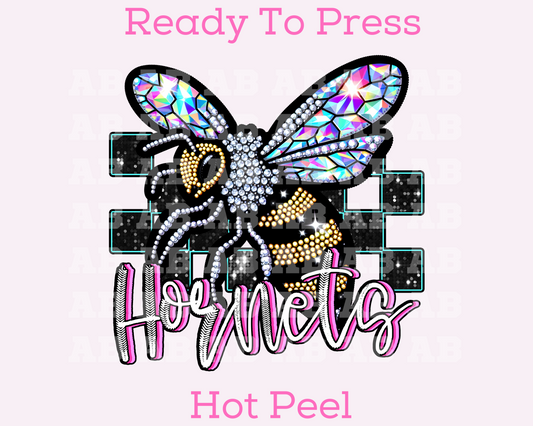 Checkered Pink Hornets Faux Embroidery School Mascot DTF TRANSFER