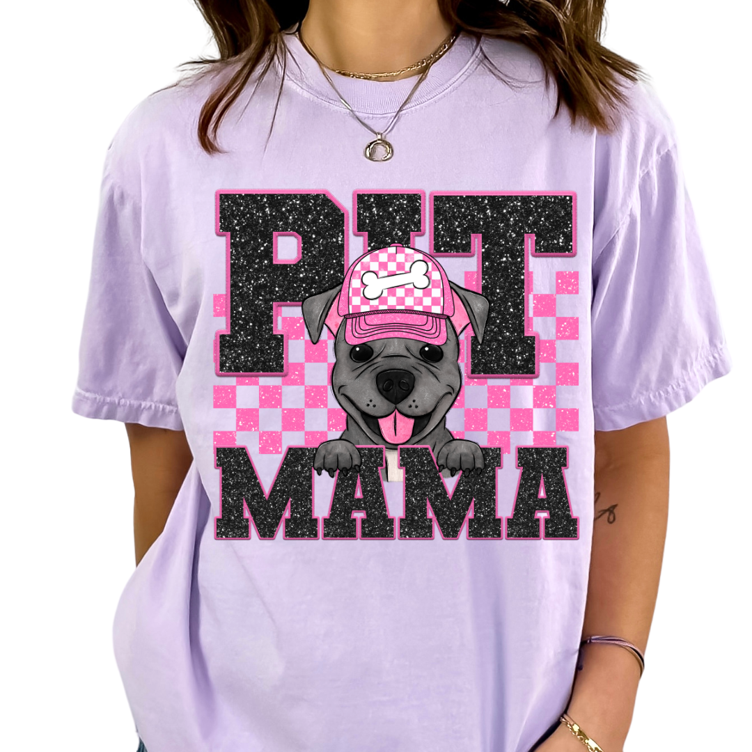 Pit Mama (Pink) Faux Sequins Faux Embroidery Mom DTF TRANSFER