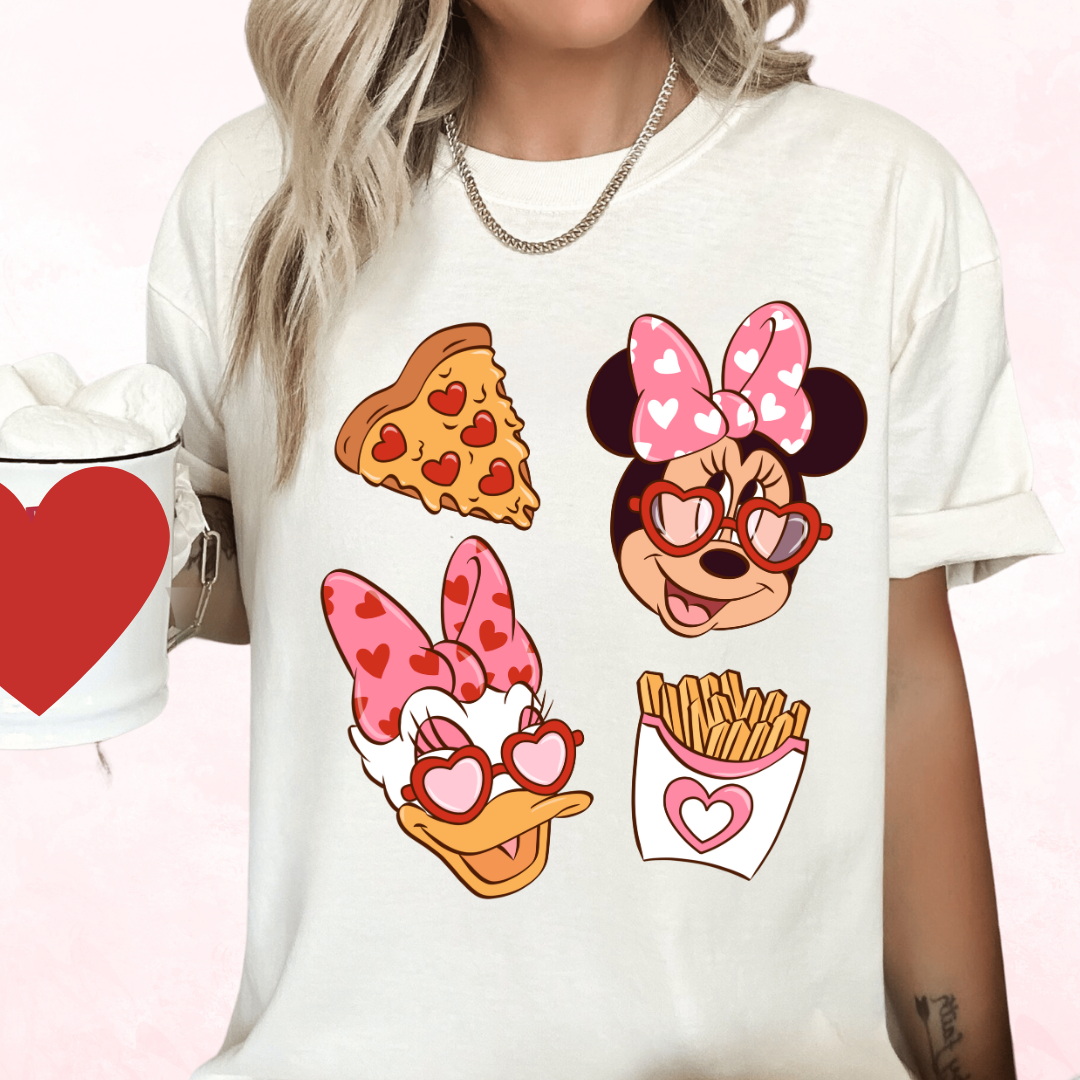 Disney Minnie, Daisy Valentine's Pizza And Fries Valentine's Day DTF TRANSFER or UV DTF STICKER