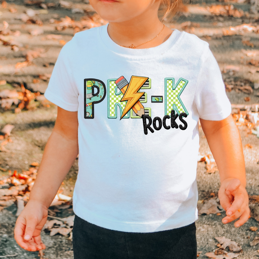 Pre-K Rocks Boy (Faux Embroidery) Grade Level DTF TRANSFER or UV DTF STICKER