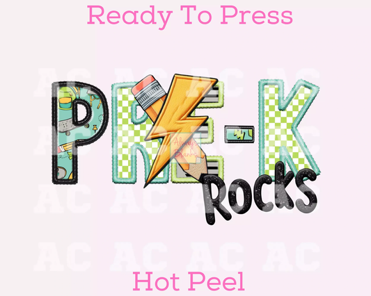 Pre-K Rocks Boy (Faux Embroidery) Grade Level DTF TRANSFER or UV DTF STICKER