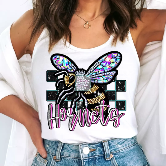 Checkered Pink Hornets Faux Embroidery School Mascot DTF TRANSFER or UV DTF STICKER