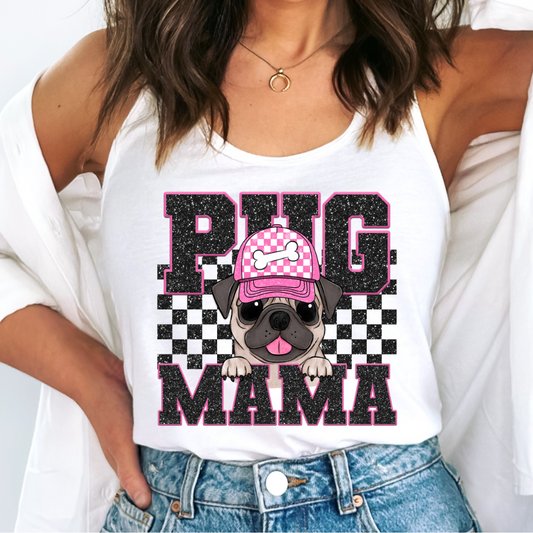 Pug Mama (Black) Faux Sequins Faux Embroidery Mom DTF TRANSFER