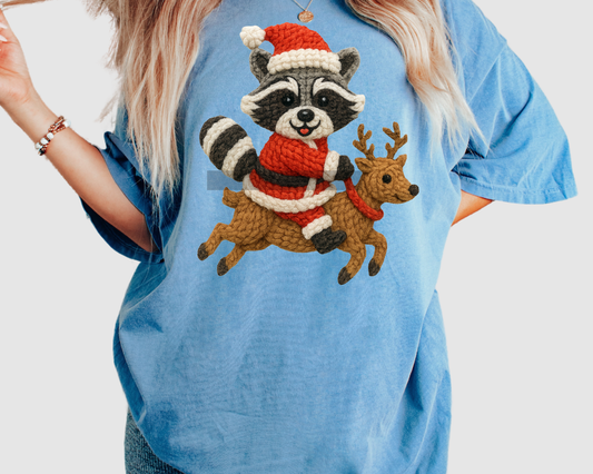 Faux Yarn Raccoon on Reindeer  Christmas DTF TRANSFER