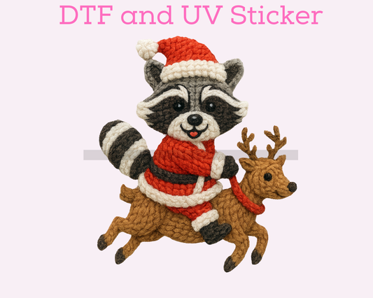 Faux Yarn Raccoon on Reindeer  Christmas DTF TRANSFER