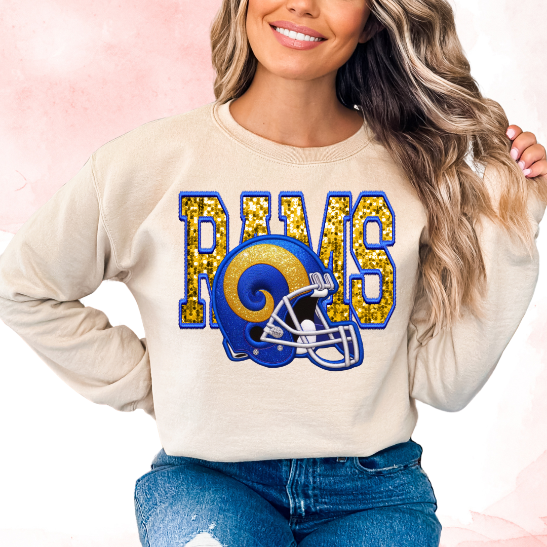 NFL Rams Faux Sequins Faux Embroidery Football DTF TRANSFER