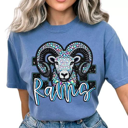 Checkered Rams Faux Embroidery School Mascot DTF TRANSFER or UV DTF STICKER