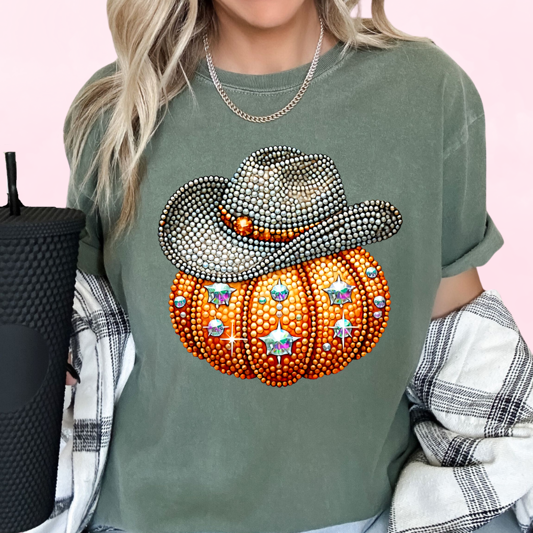 Faux Sequins Rhinestone Cowboy Pumpkin Halloween DTF TRANSFER